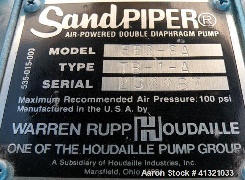 Used Warren Rupp Sandpiper Air Powered Double Diaphragm Pump, Model EB3-SA, Type TB-1-A, Aluminum.Rated 0-204 gallons per minute, 7/16" maximum solids handling, 120 psi, 3" inlet/outlet.