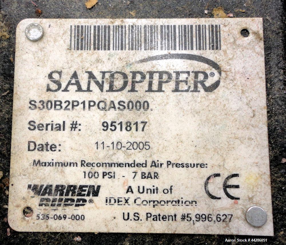 Used Warren Rupp Sandpiper II S30 Air Operated Diaphragm Pump, Model S30B2P1PQAS000, Polypropylene. Rated 238 gallons per minute, 0.71” maximum solids handling. 3” Diameter inlet/outlet. Includes a B...