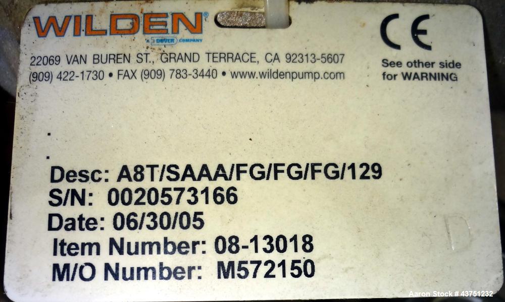 Used Wilden Air Operated Double Diaphragm Pump, Model A8T/SAAA/FG/FG/FG/129, 316 Stainless Steel. Rated approximate 111 gallons per minute, 1/4" diameter maximum solids handling. 2" Inlet/outlet. Inc...