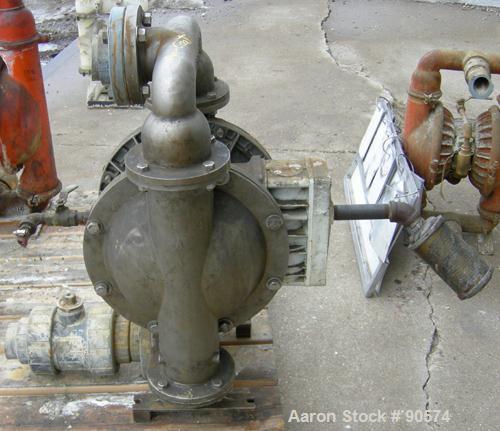 USED: Wilden air operated double diaphragm pump, model M15, 316 stainless steel. Rated 160 gallons per minute at 110 psi. 3/8" max solids handling. 4" flange inlet/outlet.