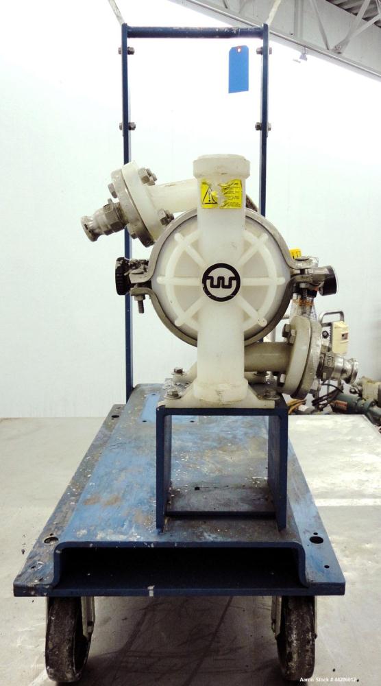 Used Wilden Air Operated Double Diaphragm Pump, Model M2/KPPT/VT/VT/KTV/400, Polypropylene. Rated approximate 10 gallons per minute, 1/8” diameter maximum solids handling. 1” Inlet/outlet. Mounted on...