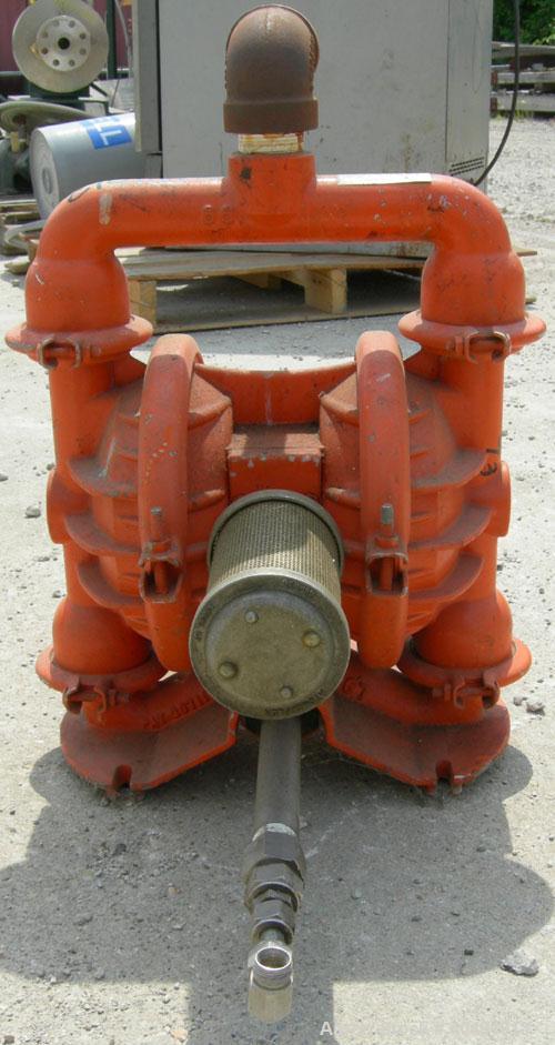 Used Wilden Air Operated Double Diaphragm Pump, model M4, aluminum construction. Rated approximately 70 gallons per minute, 3/16" maximum solids handling. 1 1/2" inlet, 1 1/4" outlet.