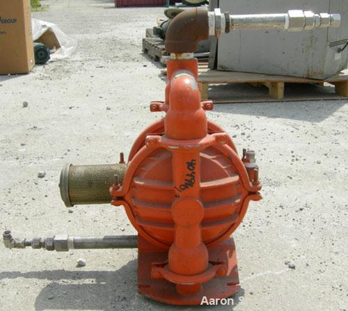 Used Wilden Air Operated Double Diaphragm Pump, model M4, aluminum construction. Rated approximately 70 gallons per minute, 3/16" maximum solids handling. 1 1/2" inlet, 1 1/4" outlet.