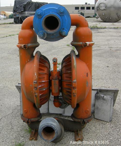 USED: Wilden air operated double diaphragm pump, model M5, 316 stainless steel. Rated 108 gallons per minute, 125 psi, 5/16" max solids size, 2" inlet/outlet.