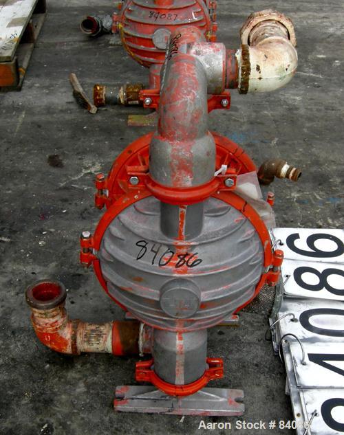 Used Wilden Air Operated Double Diaphragm Pump, Model M8, Aluminum Construction. Rated approximately 156 gallons per minute, 125 psi, 2" inlet/outlet.