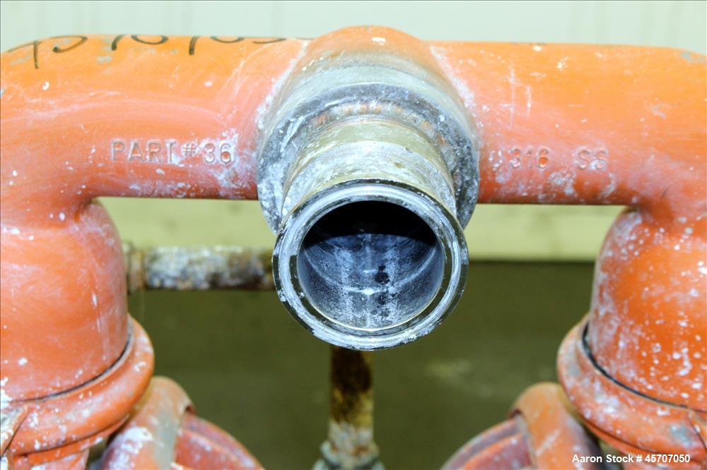 Used Wilden Air Operated Double Diaphragm Pump, Model M8, 316 Stainless Steel. 2" inlet/outlet. Rated approximate 158 gallons per minute, 1/4" maximum solids handling, maximum pressure 125 psi. Base ...