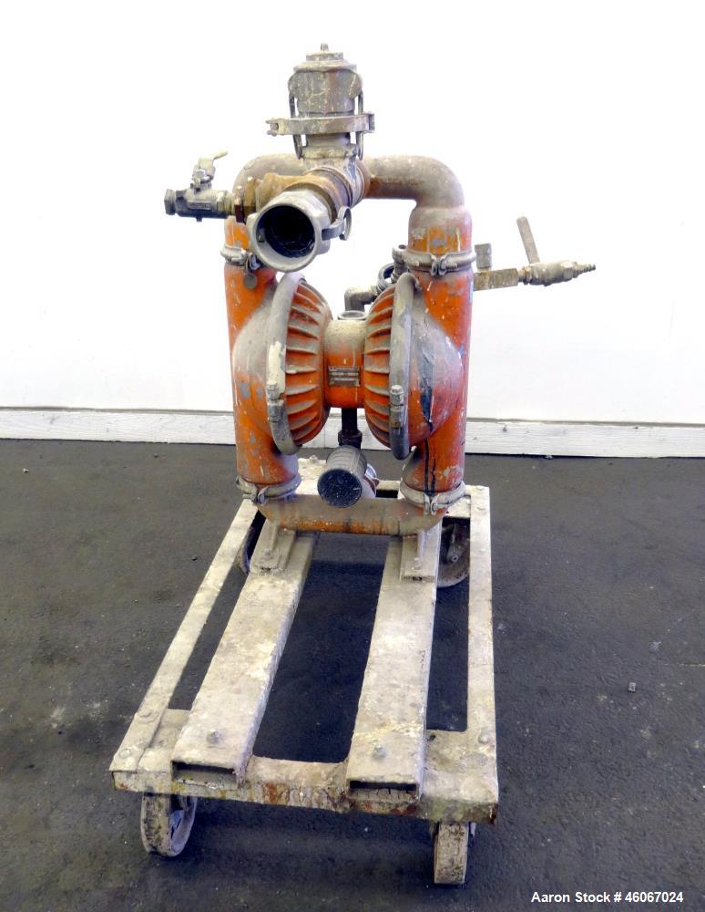 Used Wilden Air Operated Double Diaphragm Pump, Model M8, 316 Stainless Steel. Approximate 156 gallons per minute, 1/4" maximum solids handling. 2" Inlet & outlet. Mounted on a carbon steel cart with...