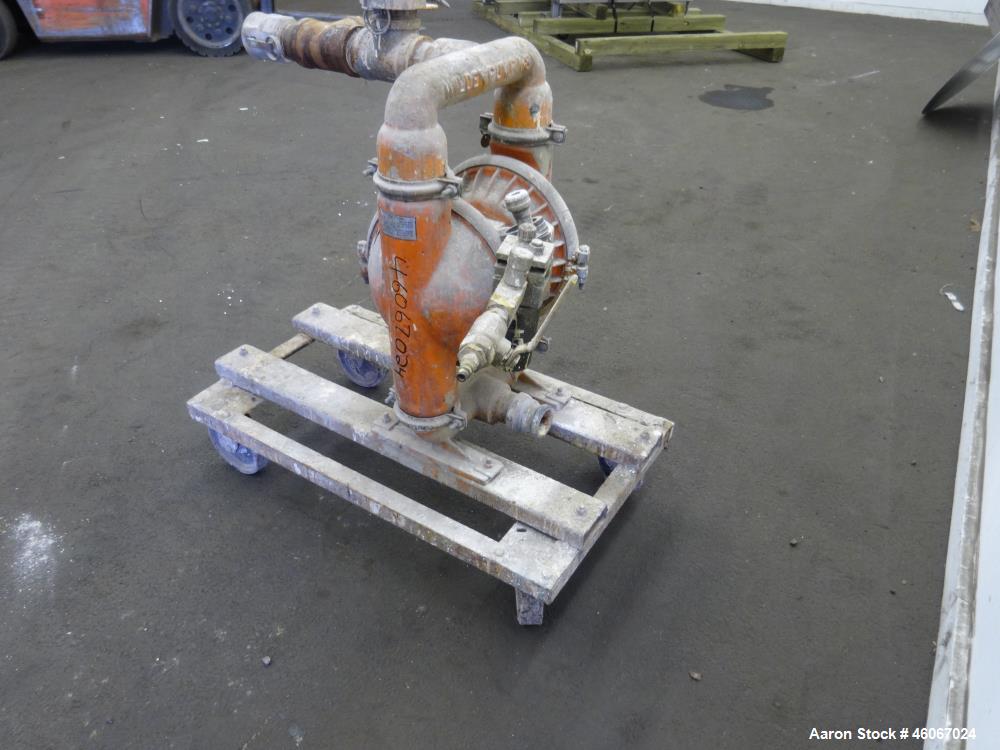 Used Wilden Air Operated Double Diaphragm Pump, Model M8, 316 Stainless Steel. Approximate 156 gallons per minute, 1/4" maximum solids handling. 2" Inlet & outlet. Mounted on a carbon steel cart with...