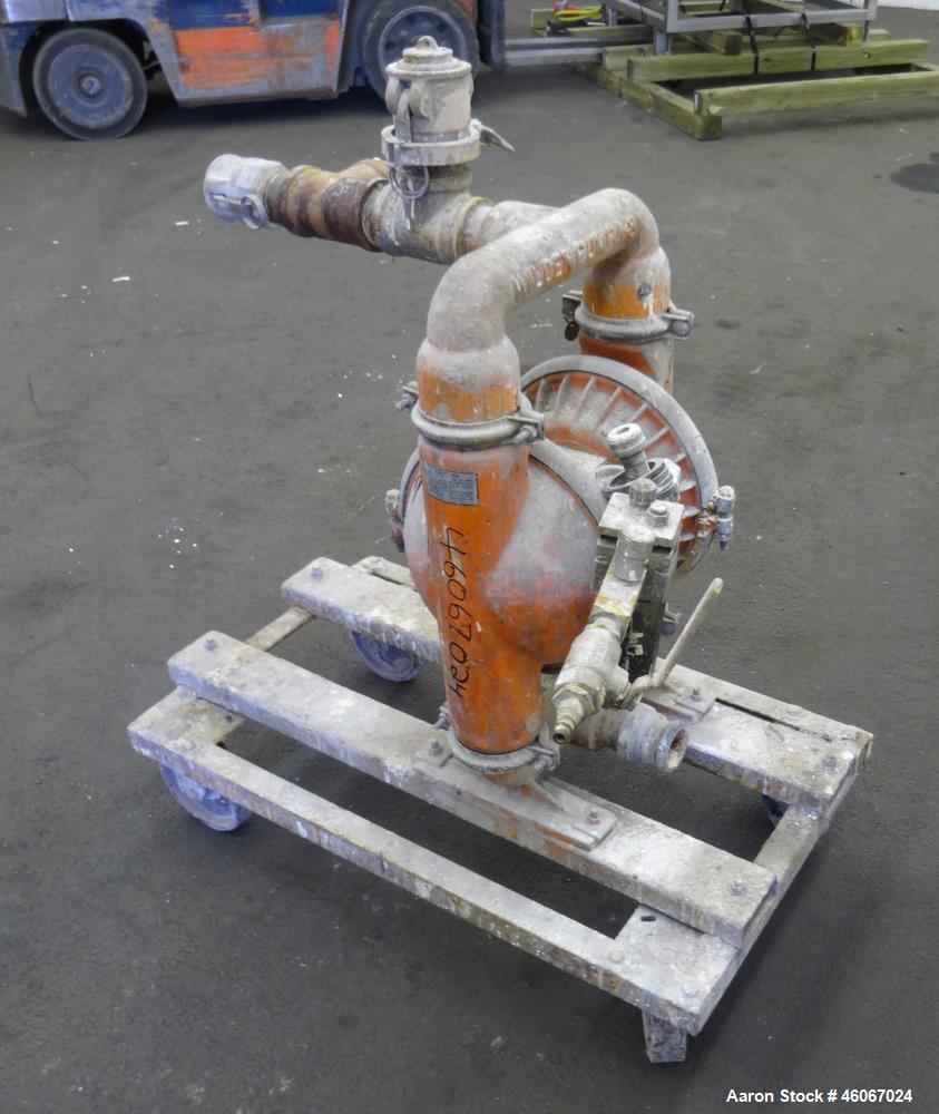 Used Wilden Air Operated Double Diaphragm Pump, Model M8, 316 Stainless Steel. Approximate 156 gallons per minute, 1/4" maximum solids handling. 2" Inlet & outlet. Mounted on a carbon steel cart with...
