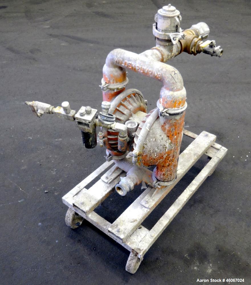 Used Wilden Air Operated Double Diaphragm Pump, Model M8, 316 Stainless Steel. Approximate 156 gallons per minute, 1/4" maximum solids handling. 2" Inlet & outlet. Mounted on a carbon steel cart with...