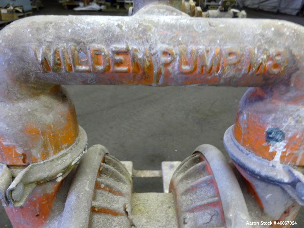 Used Wilden Air Operated Double Diaphragm Pump, Model M8, 316 Stainless Steel. Approximate 156 gallons per minute, 1/4" maximum solids handling. 2" Inlet & outlet. Mounted on a carbon steel cart with...