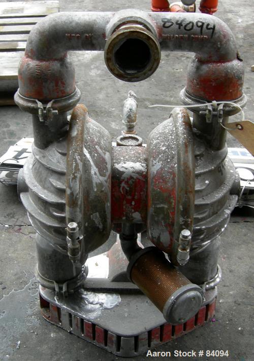 Used Wilden Air Operated Double Diaphragm Pump, Model M8, Aluminum Construction. Rated approximately 156 gallons per minute, 125 psi, 2" inlet/outlet.