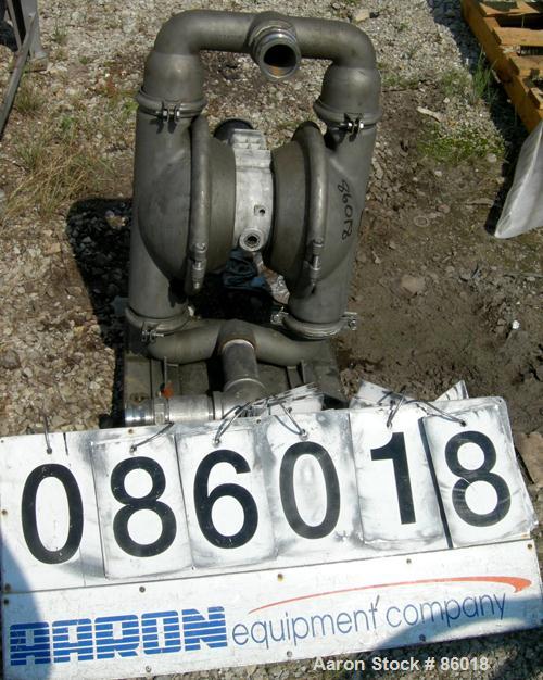 Used Wilden Air Operated Double Diaphragm Pump, Model M8, 316 Stainless Steel. Rated 163 gallons per minute, 1/4" max solids handling, 125 PSI. 2-1/2" NPT inlet/outlet.