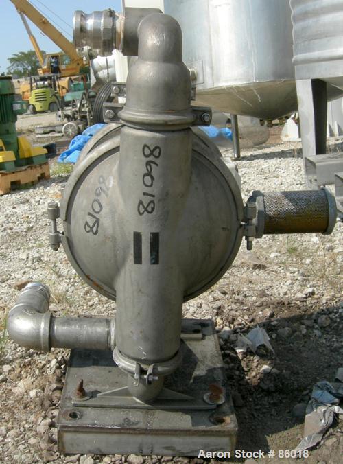 Used Wilden Air Operated Double Diaphragm Pump, Model M8, 316 Stainless Steel. Rated 163 gallons per minute, 1/4" max solids handling, 125 PSI. 2-1/2" NPT inlet/outlet.
