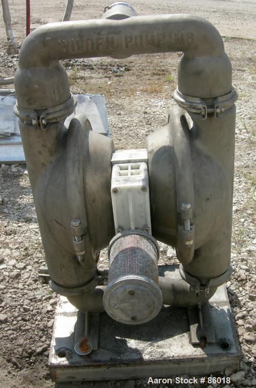 Used Wilden Air Operated Double Diaphragm Pump, Model M8, 316 Stainless Steel. Rated 163 gallons per minute, 1/4" max solids handling, 125 PSI. 2-1/2" NPT inlet/outlet.