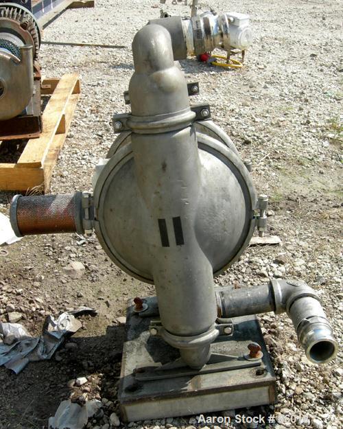 Used Wilden Air Operated Double Diaphragm Pump, Model M8, 316 Stainless Steel. Rated 163 gallons per minute, 1/4" max solids handling, 125 PSI. 2-1/2" NPT inlet/outlet.