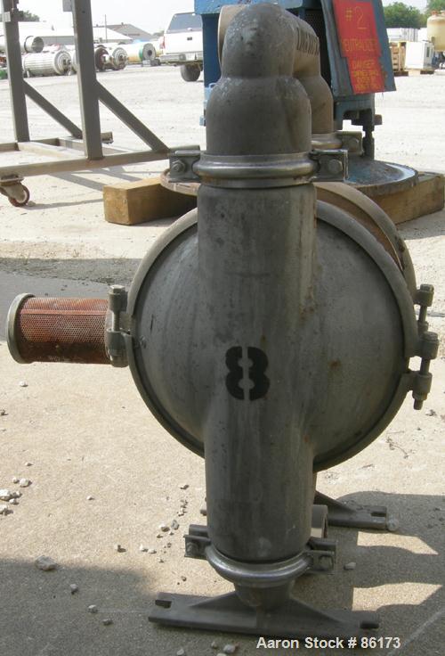 USED: Wilden air operated double diaphragm pump, model M8, 316 stainless steel. Rated 163 gallons per minute, 1/4" max solids handling, 125 psi. 2-1/2" NPT inlet/outlet.