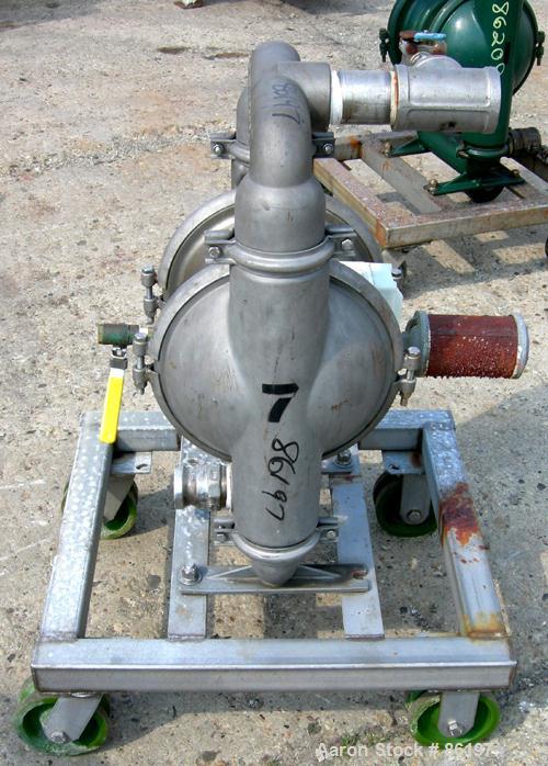 USED: Wilden air operated double diaphragm pump, model M8, 316 stainless steel. Rated 163 gallons per minute, 1/4" max solids handling, 125 psi. 2-1/2" NPT inlet/outlet.