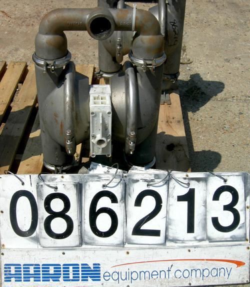 USED: Wilden air operated double diaphragm pump, model M8, 316 stainless steel. Rated 163 gallons per minute, 1/4" max solids handling, 125 psi. 2-1/2" NPT inlet/outlet.