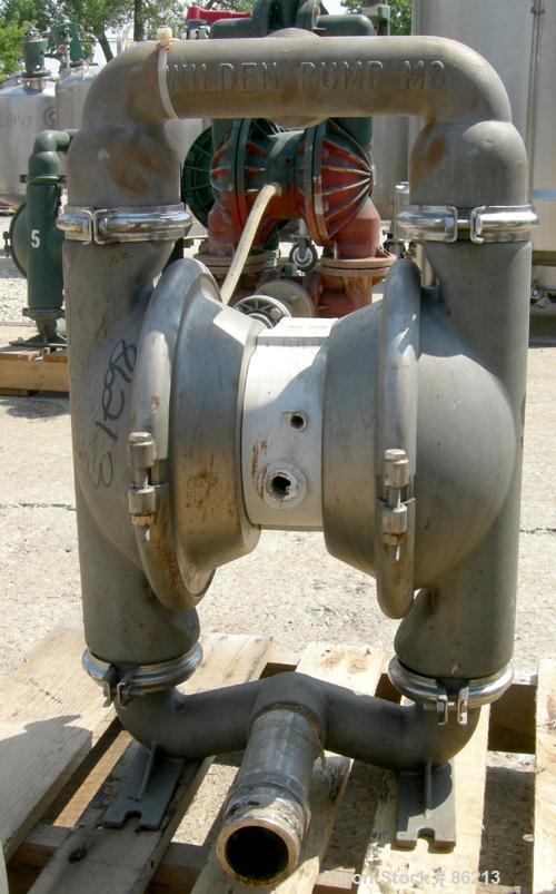 USED: Wilden air operated double diaphragm pump, model M8, 316 stainless steel. Rated 163 gallons per minute, 1/4" max solids handling, 125 psi. 2-1/2" NPT inlet/outlet.