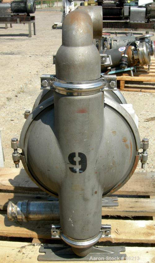 USED: Wilden air operated double diaphragm pump, model M8, 316 stainless steel. Rated 163 gallons per minute, 1/4" max solids handling, 125 psi. 2-1/2" NPT inlet/outlet.