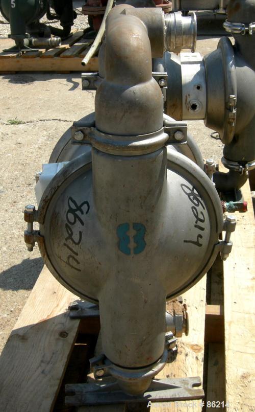 USED: Wilden air operated double diaphragm pump, model M8, 316 stainless steel. Rated 163 gallons per minute, 1/4" max solids handling, 125 psi. 2-1/2" NPT inlet/outlet.