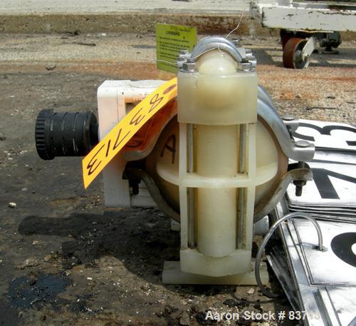 USED: Wilden air operated double diaphragm pump, model P1/PPPP/WF/WF/KTV, polypropylene. Rated 14 gallons per minute, 125 psi, 1/16" max solids size. 1/2" inlet/outlet. Built 2000.