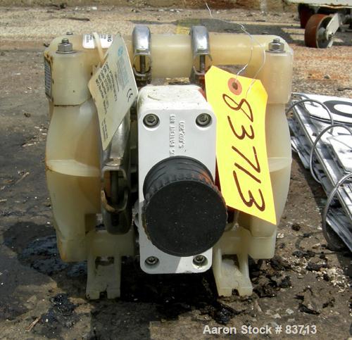 USED: Wilden air operated double diaphragm pump, model P1/PPPP/WF/WF/KTV, polypropylene. Rated 14 gallons per minute, 125 psi, 1/16" max solids size. 1/2" inlet/outlet. Built 2000.