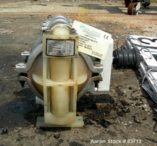 USED: Wilden air operated double diaphragm pump, model P1/PPPP/WF/WF/KTV, polypropylene. Rated 14 gallons per minute, 125 psi, 1/16" max solids size. 1/2" inlet/outlet. Built 2000.