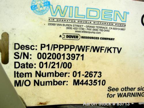 USED: Wilden air operated double diaphragm pump, model P1/PPPP/WF/WF/KTV, polypropylene. Rated 14 gallons per minute, 125 psi, 1/16" max solids size. 1/2" inlet/outlet. Built 2000.