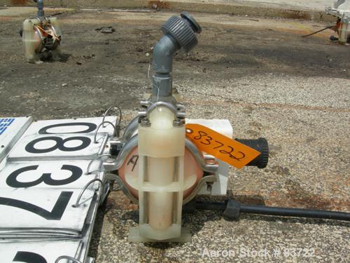 USED: Wilden air operated double diaphragm pump, model P1/PPPP/WF/WF/KTV, polypropylene. Rated 14 gallons per minute, 125 psi, 1/16" maxsolids size. 1/2" inlet/outlet.