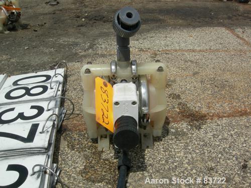 USED: Wilden air operated double diaphragm pump, model P1/PPPP/WF/WF/KTV, polypropylene. Rated 14 gallons per minute, 125 psi, 1/16" maxsolids size. 1/2" inlet/outlet.