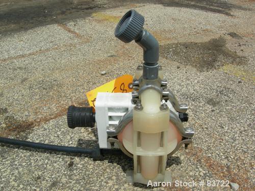 USED: Wilden air operated double diaphragm pump, model P1/PPPP/WF/WF/KTV, polypropylene. Rated 14 gallons per minute, 125 psi, 1/16" maxsolids size. 1/2" inlet/outlet.