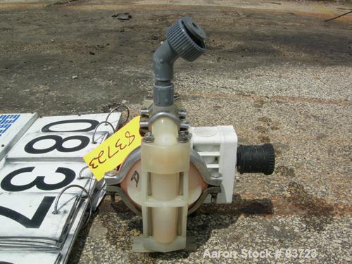 USED: Wilden air operated double diaphragm pump, model P1/PPPP/WF/WF/KTV, polypropylene. Rated 14 gallons per minute, 125 psi, 1/16" max solids size. 1/2" inlet/outlet. Built