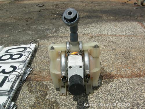 USED: Wilden air operated double diaphragm pump, model P1/PPPP/WF/WF/KTV, polypropylene. Rated 14 gallons per minute, 125 psi, 1/16" max solids size. 1/2" inlet/outlet. Built