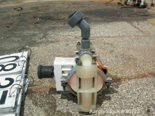 USED: Wilden air operated double diaphragm pump, model P1/PPPP/WF/WF/KTV, polypropylene. Rated 14 gallons per minute, 125 psi, 1/16" max solids size. 1/2" inlet/outlet. Built