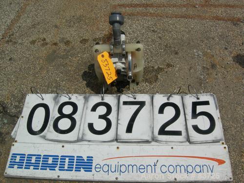 USED: Wilden air operated double diaphragm pump, model P1/PPPP/WF/WF/KTV, polypropylene. Rated 14 gallons per minute, 125 psi, 1/16" maxsolids size. 1/2" inlet/outlet.