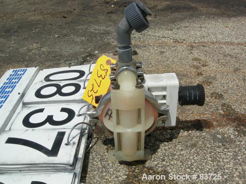 USED: Wilden air operated double diaphragm pump, model P1/PPPP/WF/WF/KTV, polypropylene. Rated 14 gallons per minute, 125 psi, 1/16" maxsolids size. 1/2" inlet/outlet.