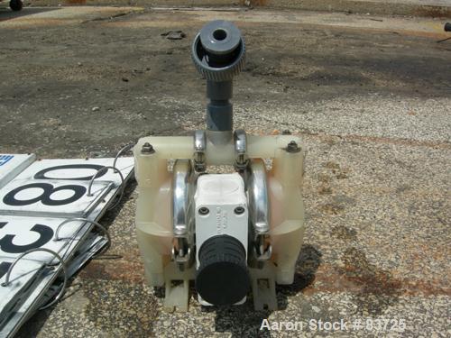 USED: Wilden air operated double diaphragm pump, model P1/PPPP/WF/WF/KTV, polypropylene. Rated 14 gallons per minute, 125 psi, 1/16" maxsolids size. 1/2" inlet/outlet.