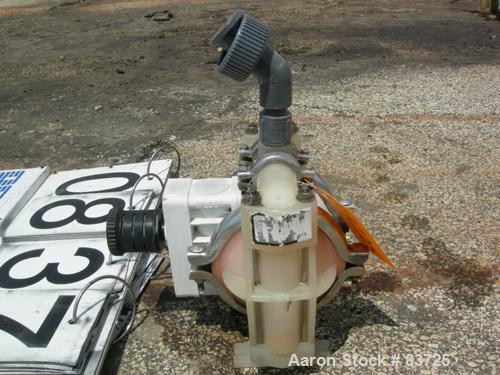 USED: Wilden air operated double diaphragm pump, model P1/PPPP/WF/WF/KTV, polypropylene. Rated 14 gallons per minute, 125 psi, 1/16" maxsolids size. 1/2" inlet/outlet.