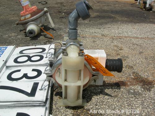 USED: Wilden air operated double diaphragm pump, model P1/PPPP/WF/WF/KTV, polypropylene. Rated 14 gallons per minute, 125 psi, 1/16" max solids size. 1/2" inlet/outlet. Built