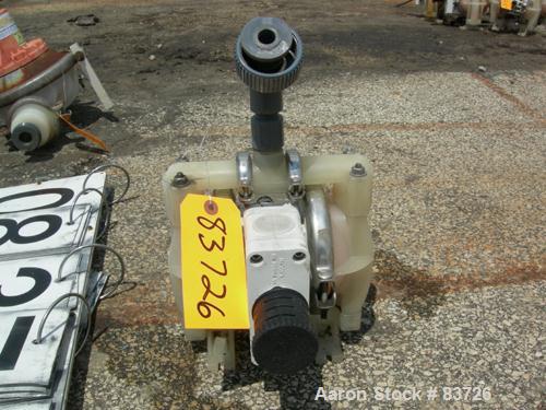 USED: Wilden air operated double diaphragm pump, model P1/PPPP/WF/WF/KTV, polypropylene. Rated 14 gallons per minute, 125 psi, 1/16" max solids size. 1/2" inlet/outlet. Built