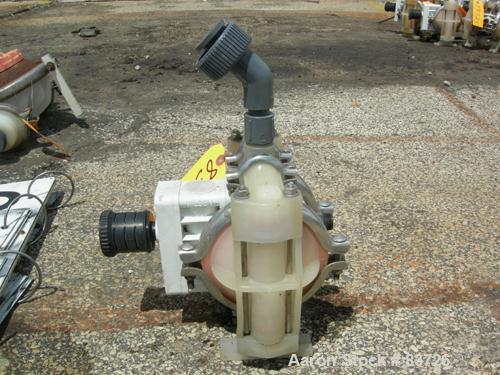 USED: Wilden air operated double diaphragm pump, model P1/PPPP/WF/WF/KTV, polypropylene. Rated 14 gallons per minute, 125 psi, 1/16" max solids size. 1/2" inlet/outlet. Built
