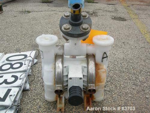 USED: Wilden air operated double diaphragm pump, model P2/PPPP/TF/TF/PTV/400, polypropylene. Rated 37 gallons per minute, 125 psi, 1/8" max solids size. 1" inlet/outlet.