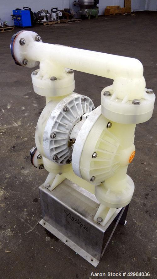 Used Wilden P800 Advanced Air Operated Double Diaphragm Pump, Model P800/PPPP/TF/TF/PTV, Polypropylene. Rated approximate 164 gallons per minute, 1/4” maximum solids handling. 2” Inlet/outlet. Mounte...