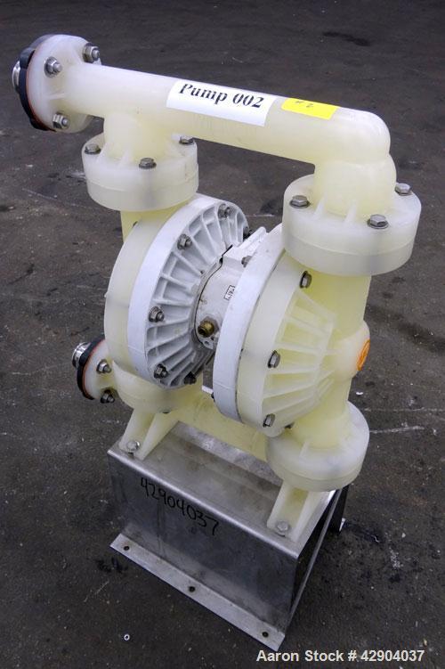Used Wilden P800 Advanced Air Operated Double Diaphragm Pump, Model P800/PPPP/TF/TF/PTV, Polypropylene. Rated approximate 164 gallons per minute, 1/4” maximum solids handling. 2” Inlet/outlet. Mounte...
