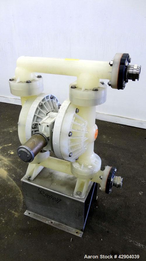 Used Wilden P800 Advanced Air Operated Double Diaphragm Pump, Model P800/PPPP/TF/TF/PTV, Polypropylene. Rated approximate 164 gallons per minute, 1/4” maximum solids handling. 2” Inlet/outlet. Mounte...