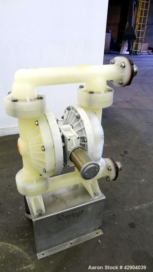 Used Wilden P800 Advanced Air Operated Double Diaphragm Pump, Model P800/PPPP/TF/TF/PTV, Polypropylene. Rated approximate 164 gallons per minute, 1/4” maximum solids handling. 2” Inlet/outlet. Mounte...