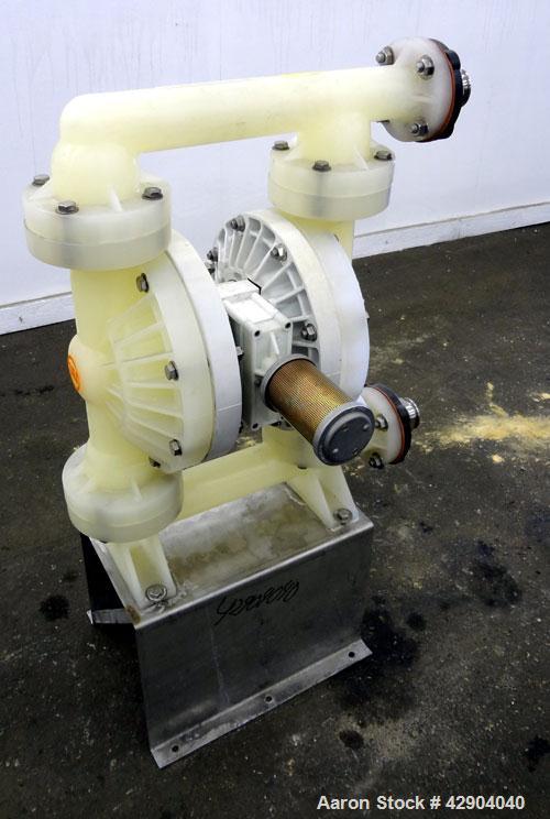 Used Wilden P800 Advanced Air Operated Double Diaphragm Pump, Model P800/PPPP/TF/TF/PTV, Polypropylene. Rated approximate 164 gallons per minute, 1/4” maximum solids handling. 2” Inlet/outlet. Mounte...