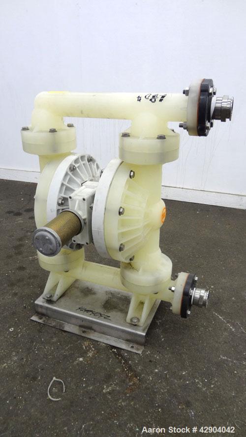 Used Wilden P800 Advanced Air Operated Double Diaphragm Pump, Model P800/PPPP/TF/TF/PTV, Polypropylene. Rated approximate 164 gallons per minute, 1/4” maximum solids handling. 2” Inlet/outlet. Mounte...
